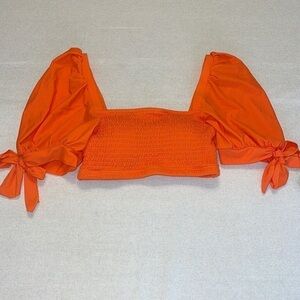 Smocked Orange Swim Top with Puffed Sleeves Fully Lined Removable Padding Small